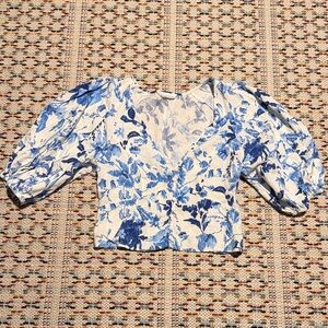 H&M Blue Floral Puff-Sleeve Button-Front Blouse